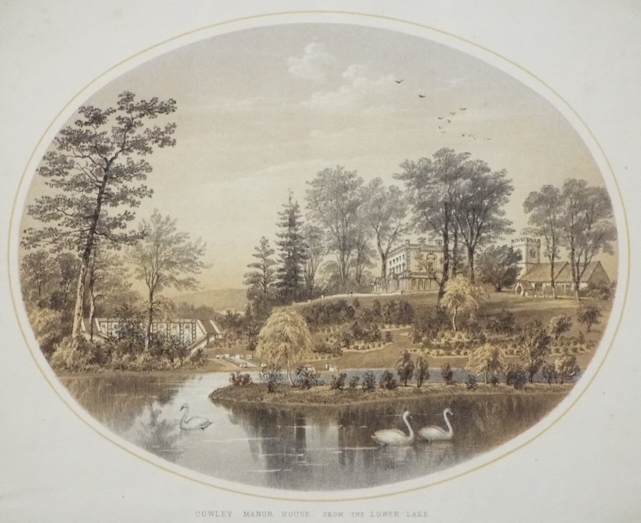 Lithograph - Cowley Manor House from the Lower Lake